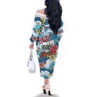 Hawaii Santa Skeleton Surfing Personalized Family Matching Off The Shoulder Long Sleeve Dress and Hawaiian Shirt Mele Kalikimaka i Iulai! LT9 - Polynesian Pride