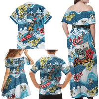 Hawaii Santa Skeleton Surfing Personalized Family Matching Off Shoulder Maxi Dress and Hawaiian Shirt Mele Kalikimaka i Iulai! LT9 - Polynesian Pride