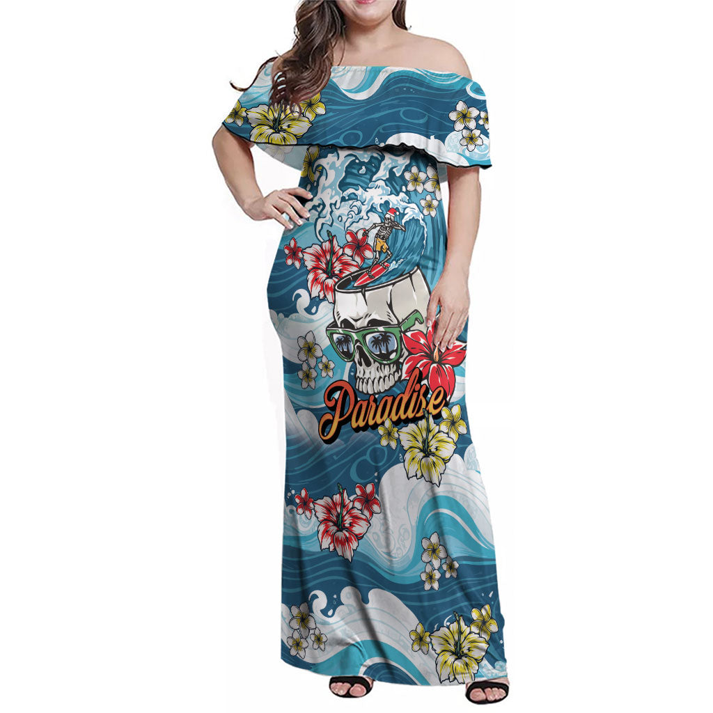 Hawaii Santa Skeleton Surfing Personalized Family Matching Off Shoulder Maxi Dress and Hawaiian Shirt Mele Kalikimaka i Iulai! LT9 Mom's Dress Blue - Polynesian Pride