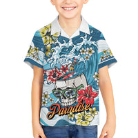 Hawaii Santa Skeleton Surfing Personalized Family Matching Puletasi and Hawaiian Shirt Mele Kalikimaka i Iulai! LT9 Son's Shirt Blue - Polynesian Pride