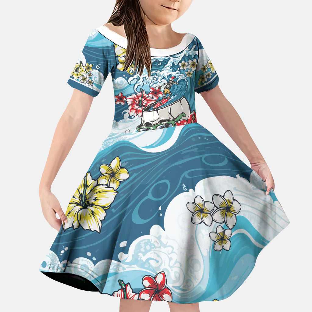 Hawaii Santa Skeleton Surfing Personalized Family Matching Summer Maxi Dress and Hawaiian Shirt Mele Kalikimaka i Iulai! LT9 Daughter's Dress Blue - Polynesian Pride