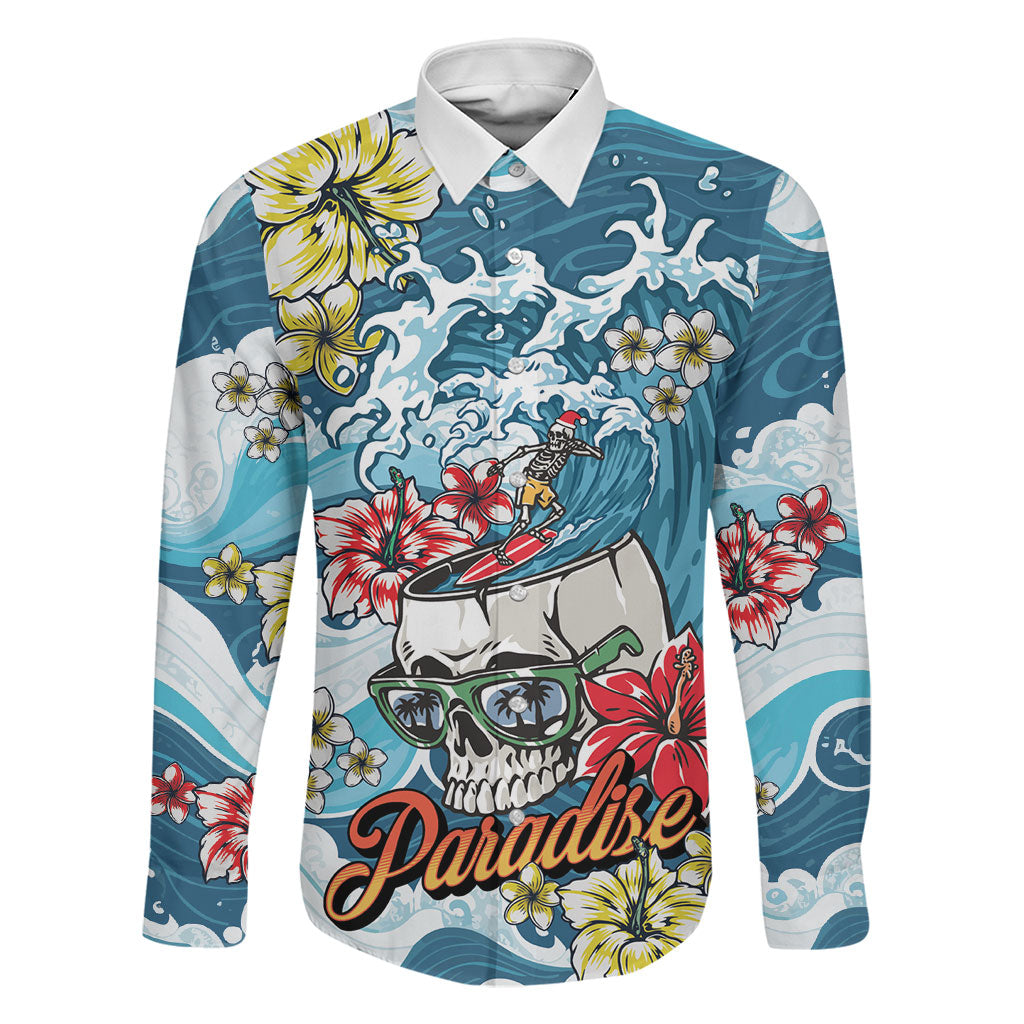 Hawaii Santa Skeleton Surfing Personalized Family Matching Summer Maxi Dress and Hawaiian Shirt Mele Kalikimaka i Iulai! LT9 Dad's Shirt - Long Sleeve Blue - Polynesian Pride