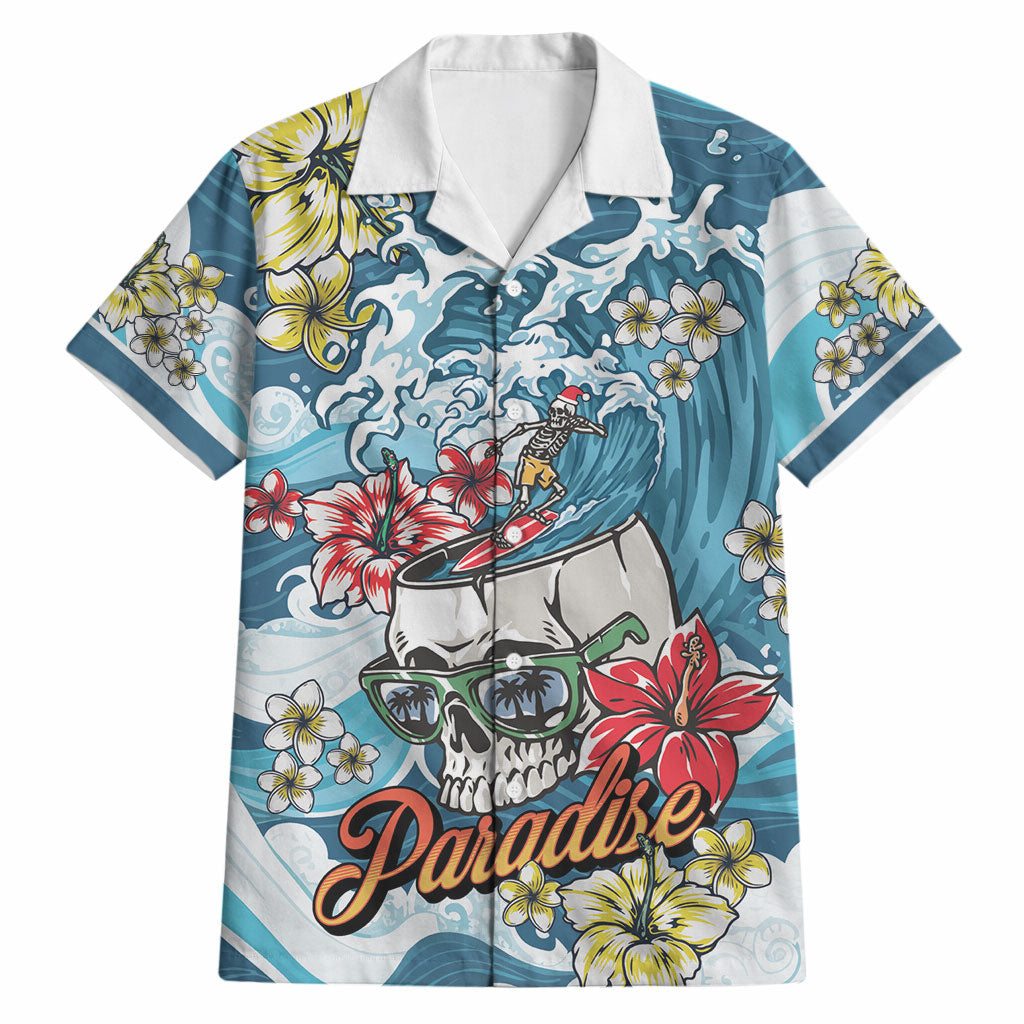 Hawaii Santa Skeleton Surfing Personalized Hawaiian Shirt Mele Kalikimaka i Iulai! LT9 Blue - Polynesian Pride