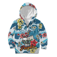 Hawaii Santa Skeleton Surfing Personalized Kid Hoodie Mele Kalikimaka i Iulai! LT9 Zip Hoodie Blue - Polynesian Pride