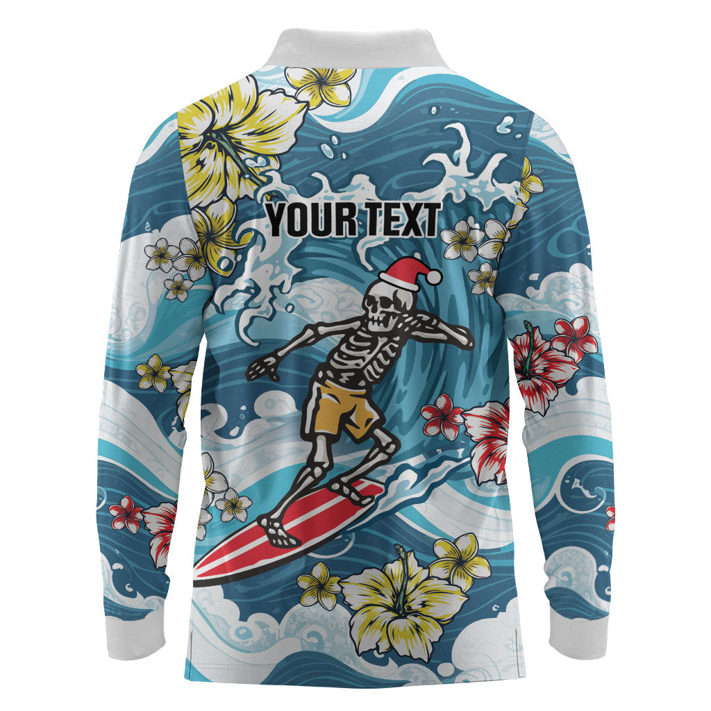 Hawaii Santa Skeleton Surfing Personalized Long Sleeve Polo Shirt Mele Kalikimaka i Iulai!