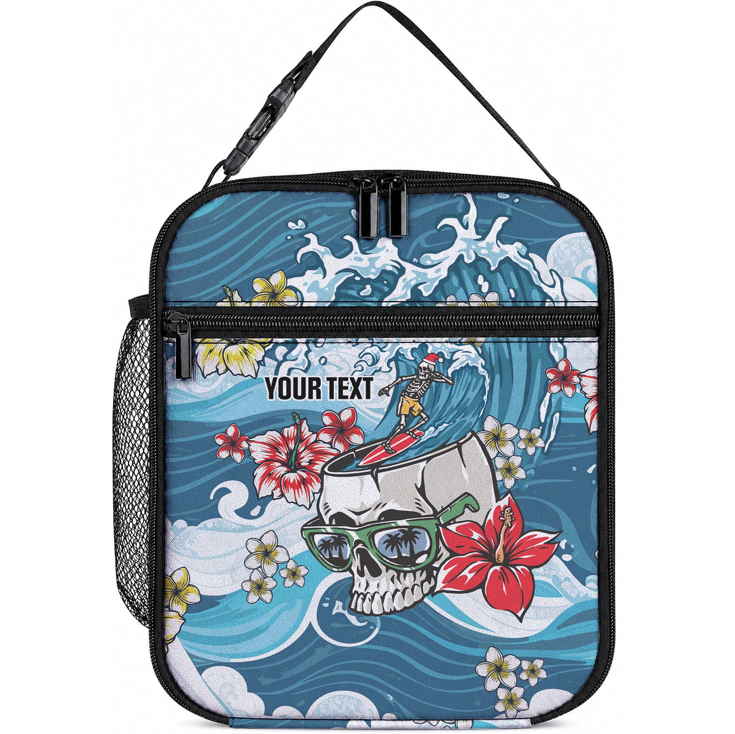 Hawaii Santa Skeleton Surfing Personalized Lunch Bag Mele Kalikimaka i Iulai! LT9 10.2 × 8.3 × 4.3 inch Blue - Polynesian Pride