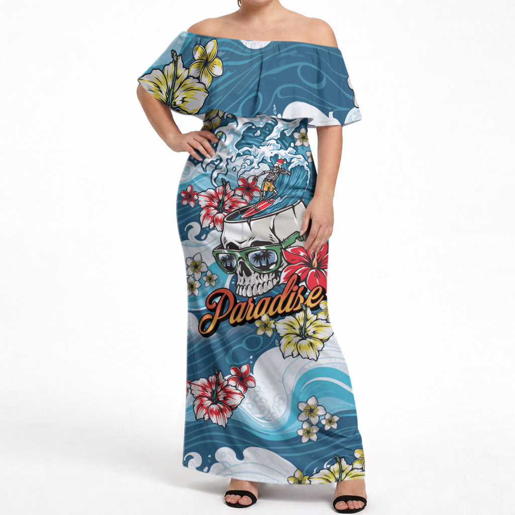 Hawaii Santa Skeleton Surfing Personalized Off Shoulder Maxi Dress Mele Kalikimaka i Iulai! LT9 Women Blue - Polynesian Pride