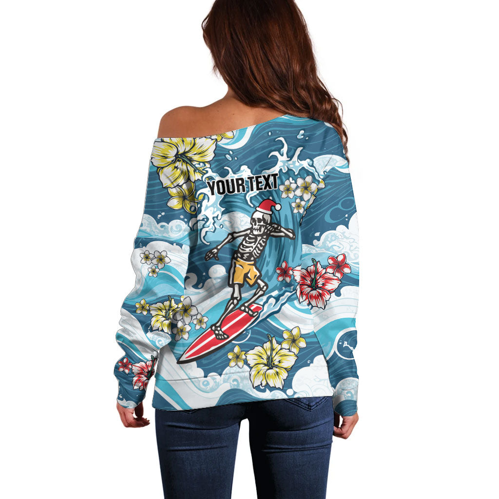 Hawaii Santa Skeleton Surfing Personalized Off Shoulder Sweater Mele Kalikimaka i Iulai!