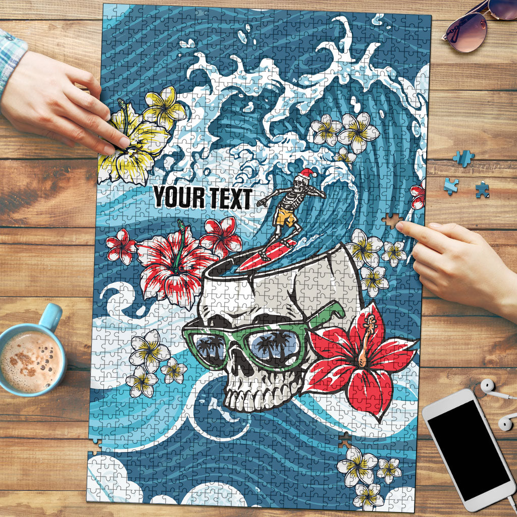 Hawaii Santa Skeleton Surfing Personalized Puzzle Mele Kalikimaka i Iulai! LT9 Blue - Polynesian Pride