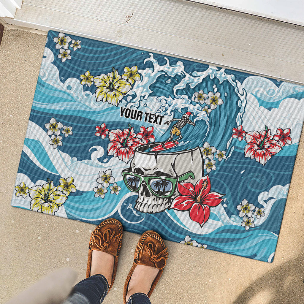 Hawaii Santa Skeleton Surfing Personalized Rubber Doormat Mele Kalikimaka i Iulai!