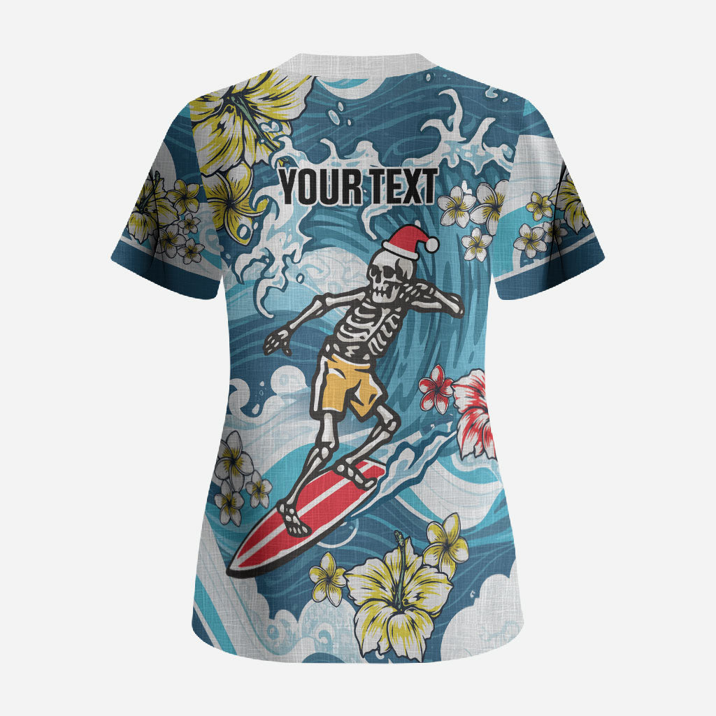 Hawaii Santa Skeleton Surfing Personalized Scrub Top Mele Kalikimaka i Iulai!