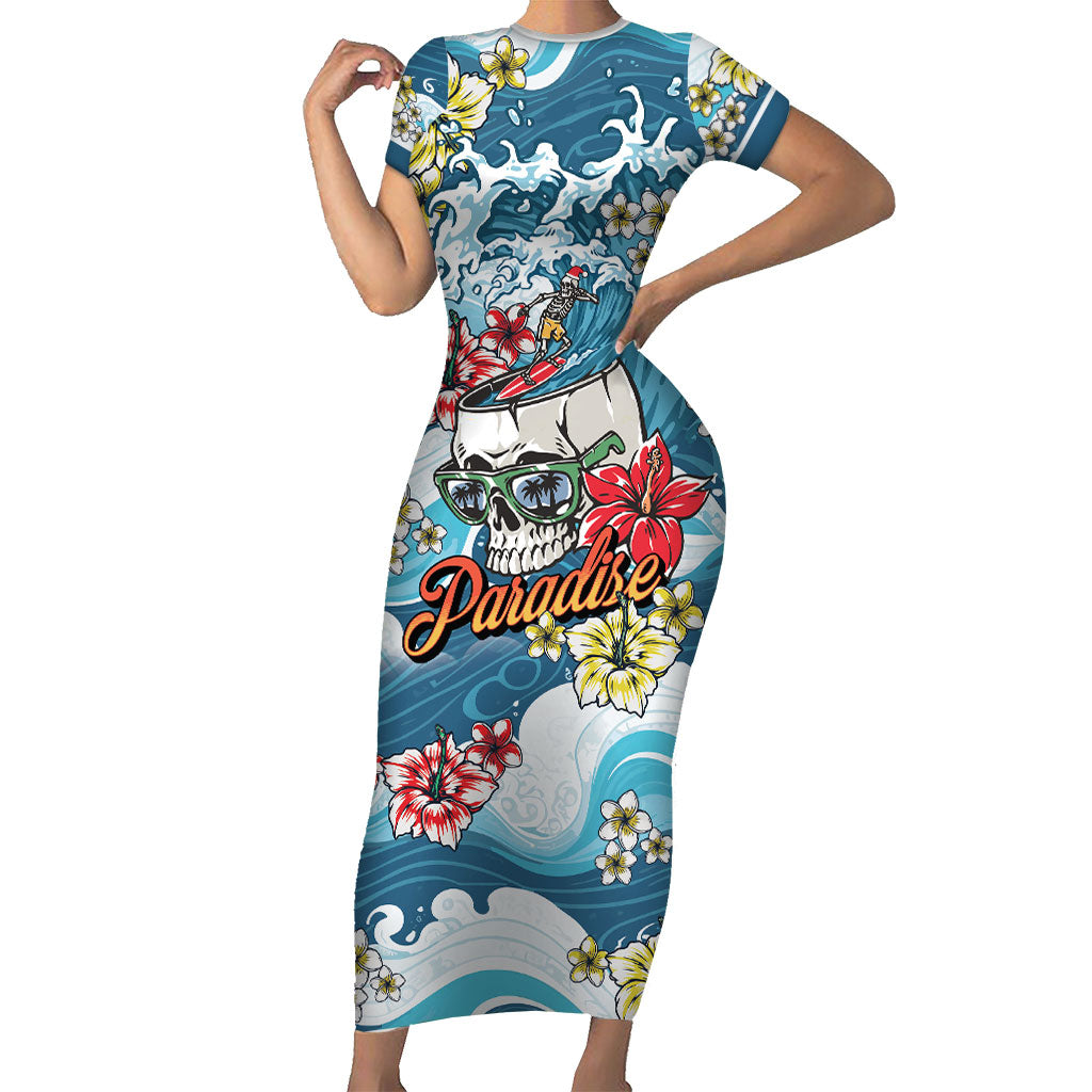Hawaii Santa Skeleton Surfing Personalized Short Sleeve Bodycon Dress Mele Kalikimaka i Iulai!