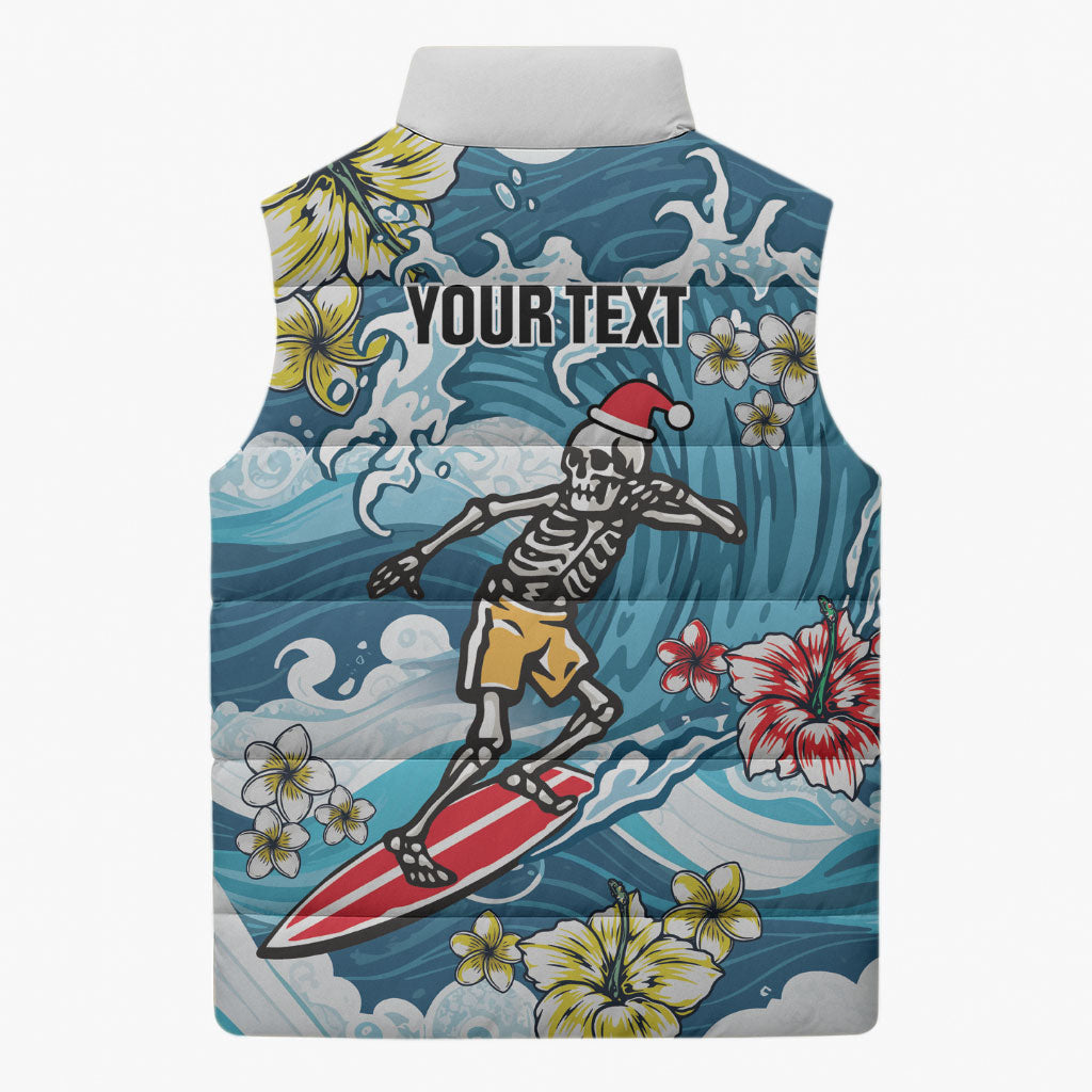Hawaii Santa Skeleton Surfing Personalized Sleeveless Puffer Jacket Mele Kalikimaka i Iulai!