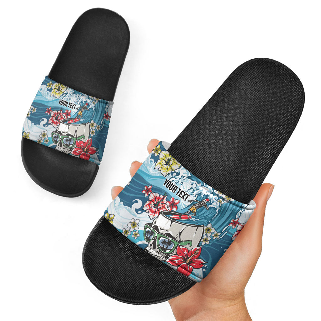Hawaii Santa Skeleton Surfing Personalized Slide Sandals Mele Kalikimaka i Iulai!