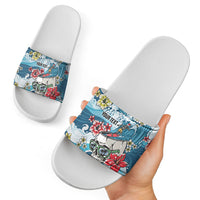 Hawaii Santa Skeleton Surfing Personalized Slide Sandals Mele Kalikimaka i Iulai!