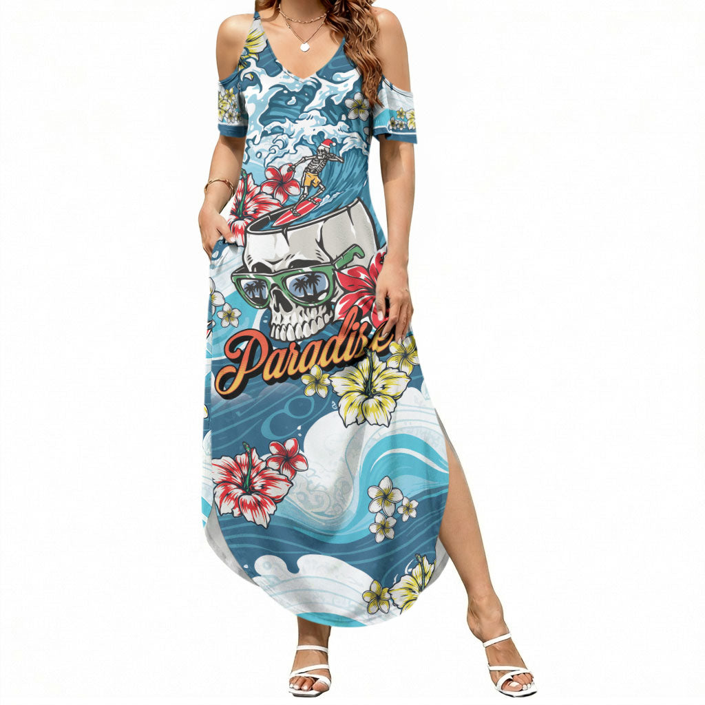 Hawaii Santa Skeleton Surfing Personalized Summer Maxi Dress Mele Kalikimaka i Iulai! LT9 Women Blue - Polynesian Pride