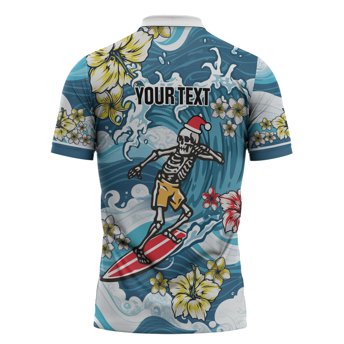 Hawaii Santa Skeleton Surfing Personalized Zipper Polo Shirt Mele Kalikimaka i Iulai! LT9 - Polynesian Pride
