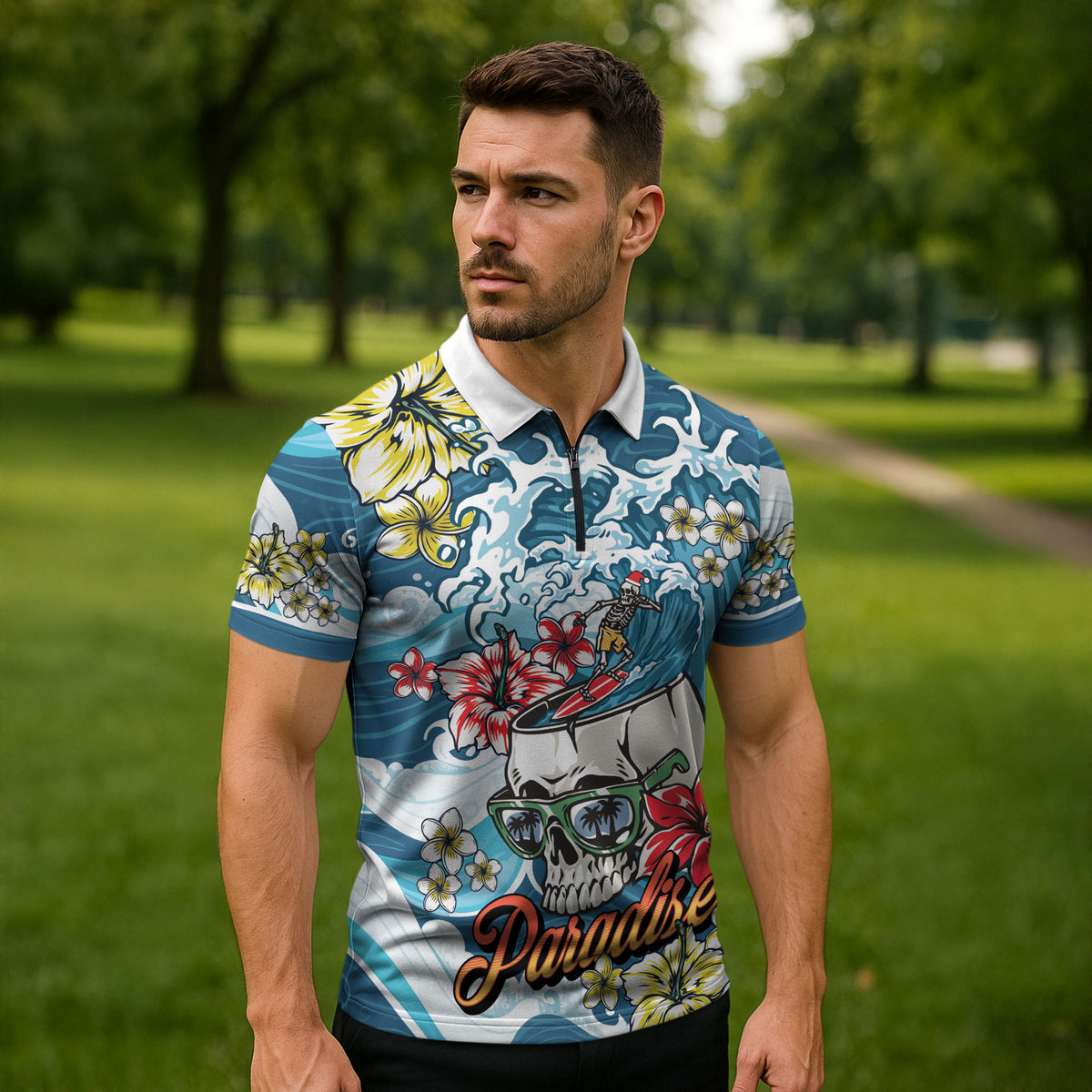 Hawaii Santa Skeleton Surfing Personalized Zipper Polo Shirt Mele Kalikimaka i Iulai! LT9 - Polynesian Pride