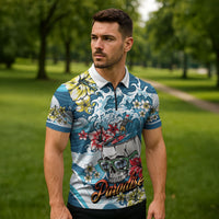 Hawaii Santa Skeleton Surfing Personalized Zipper Polo Shirt Mele Kalikimaka i Iulai! LT9 - Polynesian Pride