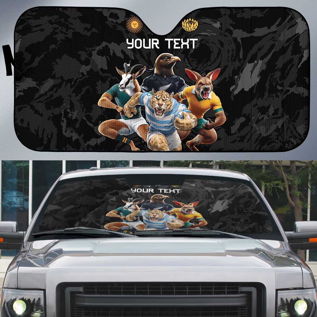 Custom Rugby Southern Hemisphere Auto Sun Shade Argentina AUNZ South Africa Mascot Black - Polynesian Pride