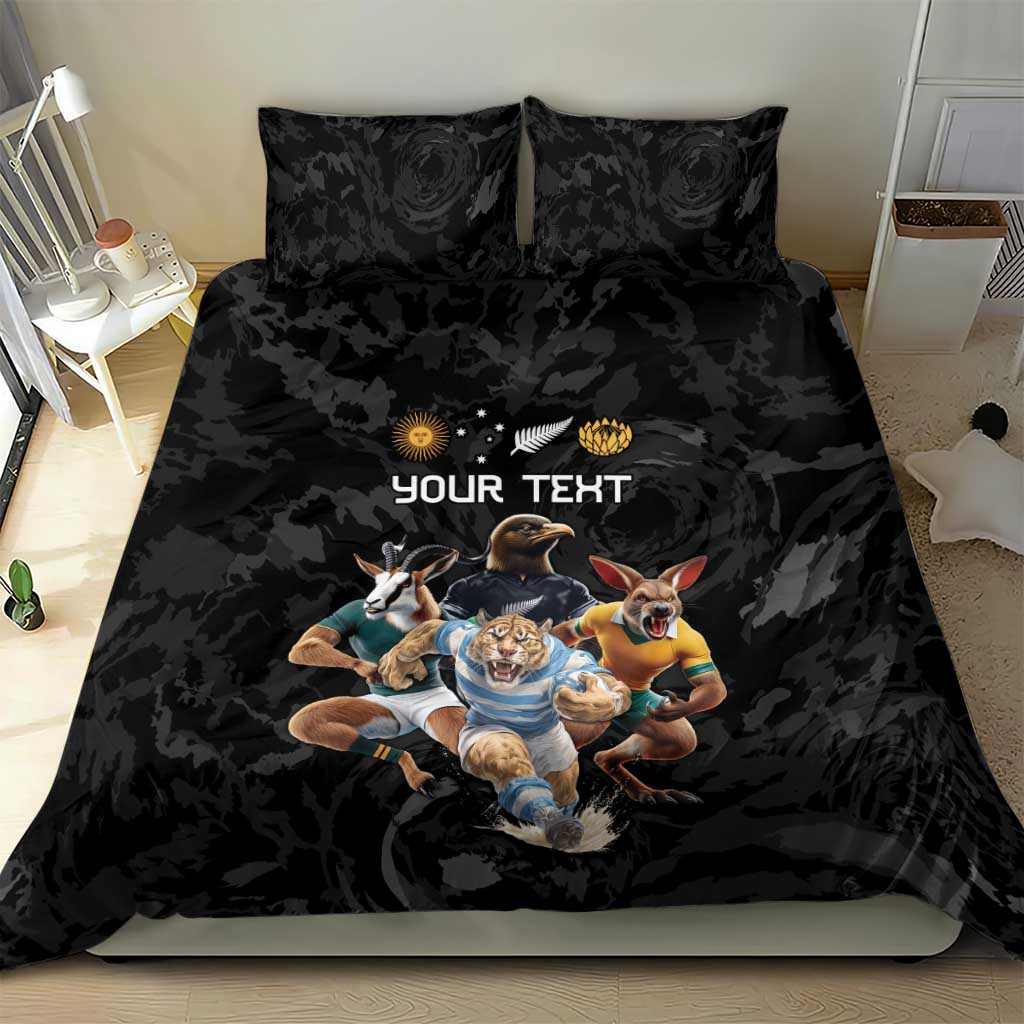 Custom Rugby Southern Hemisphere Bedding Set Argentina AUNZ South Africa Mascot Black - Polynesian Pride