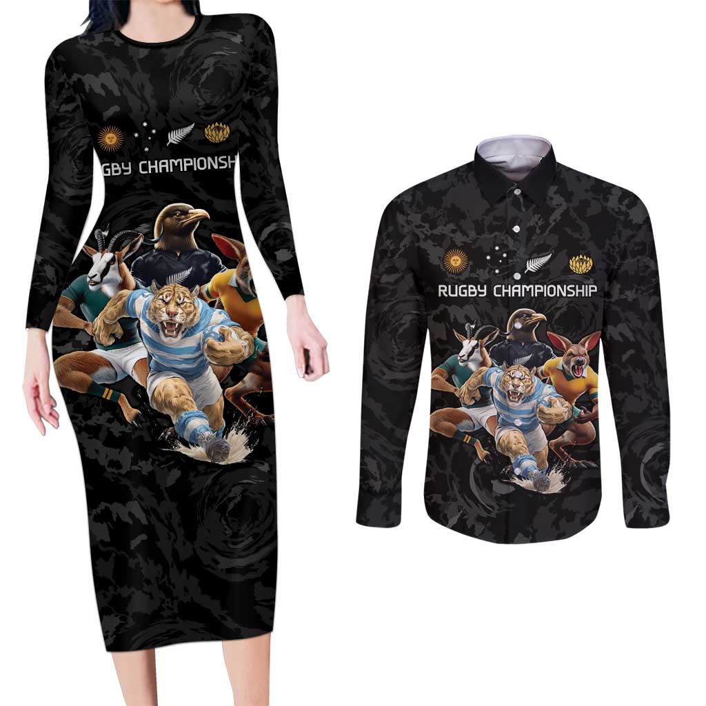 Custom Rugby Southern Hemisphere Couples Matching Long Sleeve Bodycon Dress and Long Sleeve Button Shirt Argentina AUNZ South Africa Mascot Black LT9 Black - Polynesian Pride