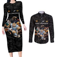 Custom Rugby Southern Hemisphere Couples Matching Long Sleeve Bodycon Dress and Long Sleeve Button Shirt Argentina AUNZ South Africa Mascot Black LT9 Black - Polynesian Pride