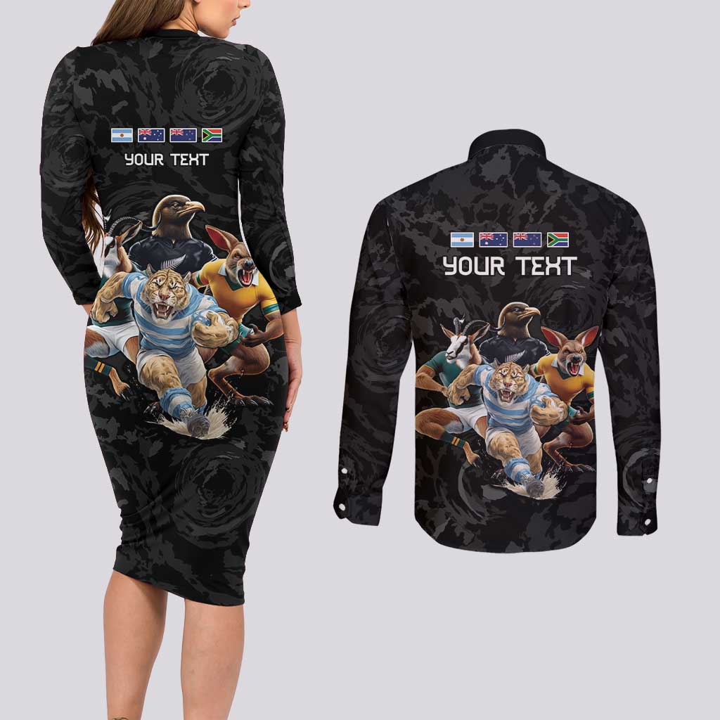 Custom Rugby Southern Hemisphere Couples Matching Long Sleeve Bodycon Dress and Long Sleeve Button Shirt Argentina AUNZ South Africa Mascot Black LT9 - Polynesian Pride