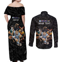 Custom Rugby Southern Hemisphere Couples Matching Off Shoulder Maxi Dress and Long Sleeve Button Shirt Argentina AUNZ South Africa Mascot Black LT9 - Polynesian Pride