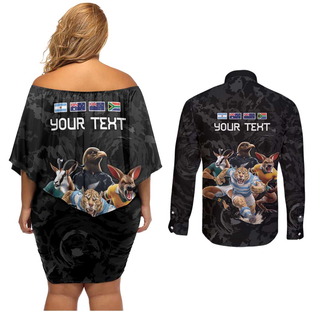 Custom Rugby Southern Hemisphere Couples Matching Off Shoulder Short Dress and Long Sleeve Button Shirt Argentina AUNZ South Africa Mascot Black LT9 - Polynesian Pride