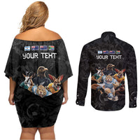 Custom Rugby Southern Hemisphere Couples Matching Off Shoulder Short Dress and Long Sleeve Button Shirt Argentina AUNZ South Africa Mascot Black LT9 - Polynesian Pride