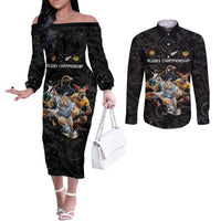 Custom Rugby Southern Hemisphere Couples Matching Off The Shoulder Long Sleeve Dress and Long Sleeve Button Shirt Argentina AUNZ South Africa Mascot Black LT9 Black - Polynesian Pride