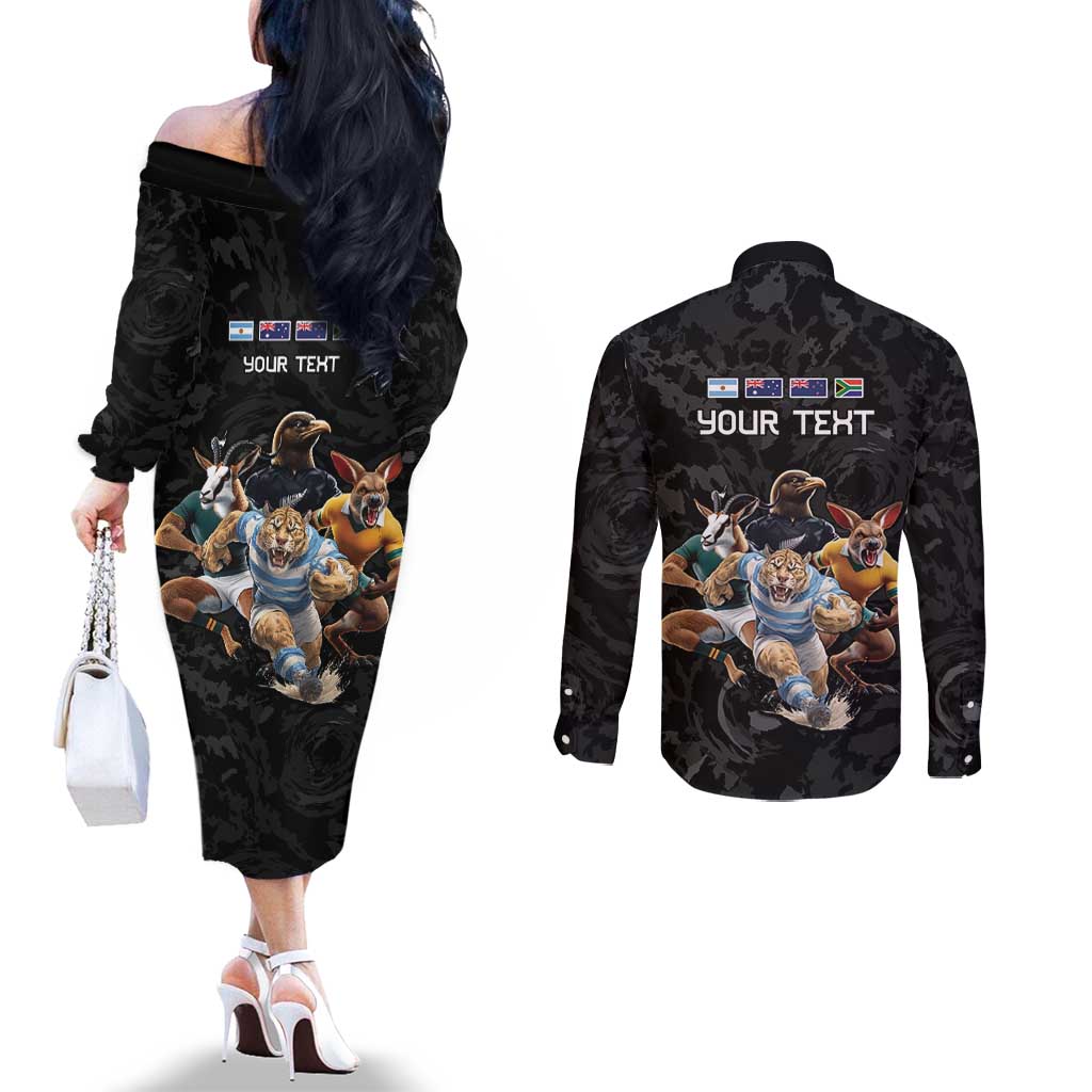 Custom Rugby Southern Hemisphere Couples Matching Off The Shoulder Long Sleeve Dress and Long Sleeve Button Shirt Argentina AUNZ South Africa Mascot Black LT9 - Polynesian Pride