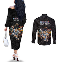 Custom Rugby Southern Hemisphere Couples Matching Off The Shoulder Long Sleeve Dress and Long Sleeve Button Shirt Argentina AUNZ South Africa Mascot Black LT9 - Polynesian Pride