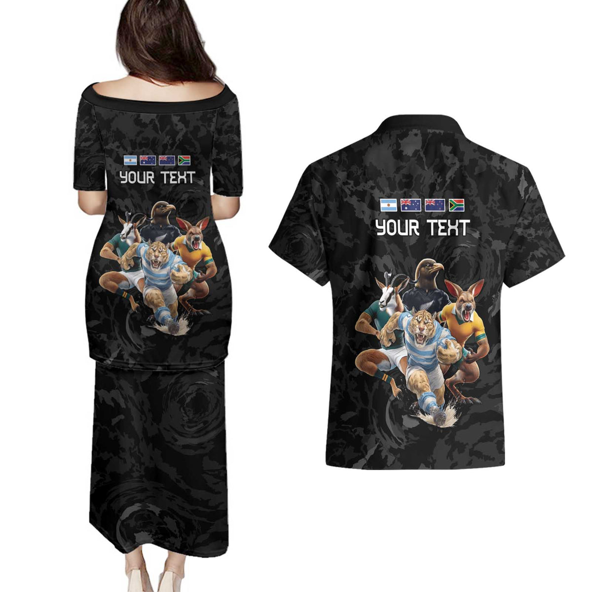 Custom Rugby Southern Hemisphere Couples Matching Puletasi and Hawaiian Shirt Argentina AUNZ South Africa Mascot Black LT9 - Polynesian Pride