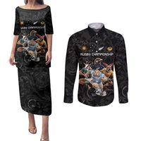 Custom Rugby Southern Hemisphere Couples Matching Puletasi and Long Sleeve Button Shirt Argentina AUNZ South Africa Mascot Black LT9 Black - Polynesian Pride