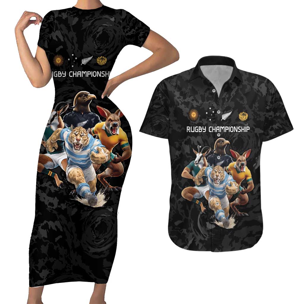 Custom Rugby Southern Hemisphere Couples Matching Short Sleeve Bodycon Dress and Hawaiian Shirt Argentina AUNZ South Africa Mascot Black - Polynesian Pride