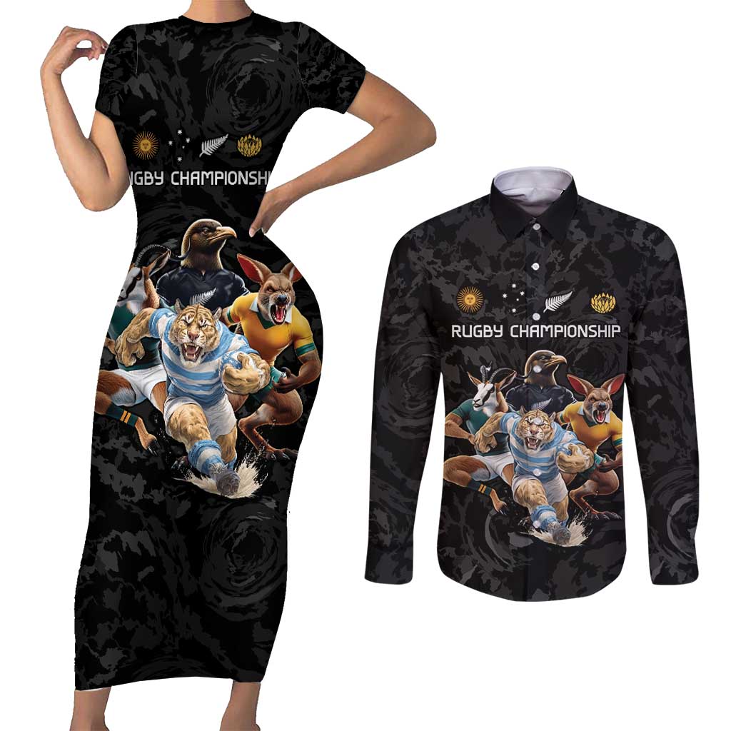Custom Rugby Southern Hemisphere Couples Matching Short Sleeve Bodycon Dress and Long Sleeve Button Shirt Argentina AUNZ South Africa Mascot Black LT9 Black - Polynesian Pride