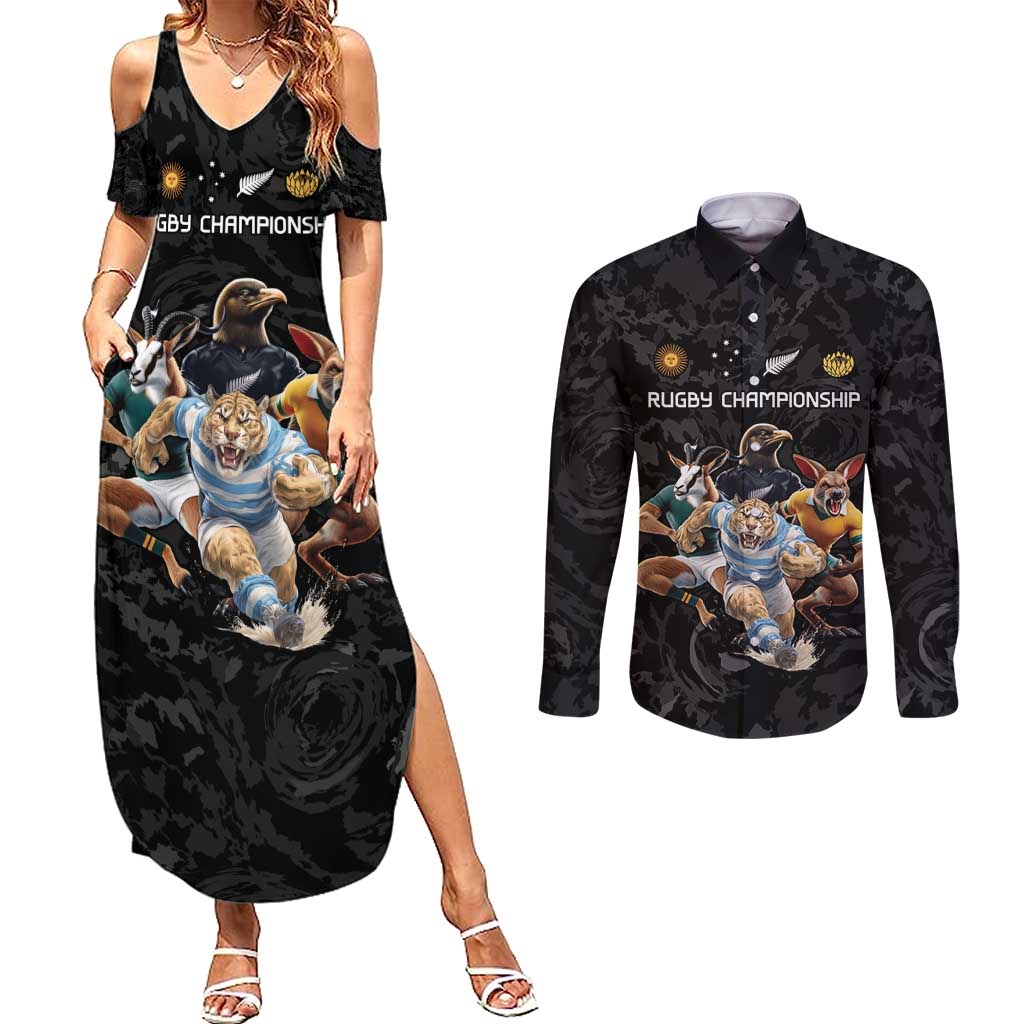 Custom Rugby Southern Hemisphere Couples Matching Summer Maxi Dress and Long Sleeve Button Shirt Argentina AUNZ South Africa Mascot Black LT9 Black - Polynesian Pride