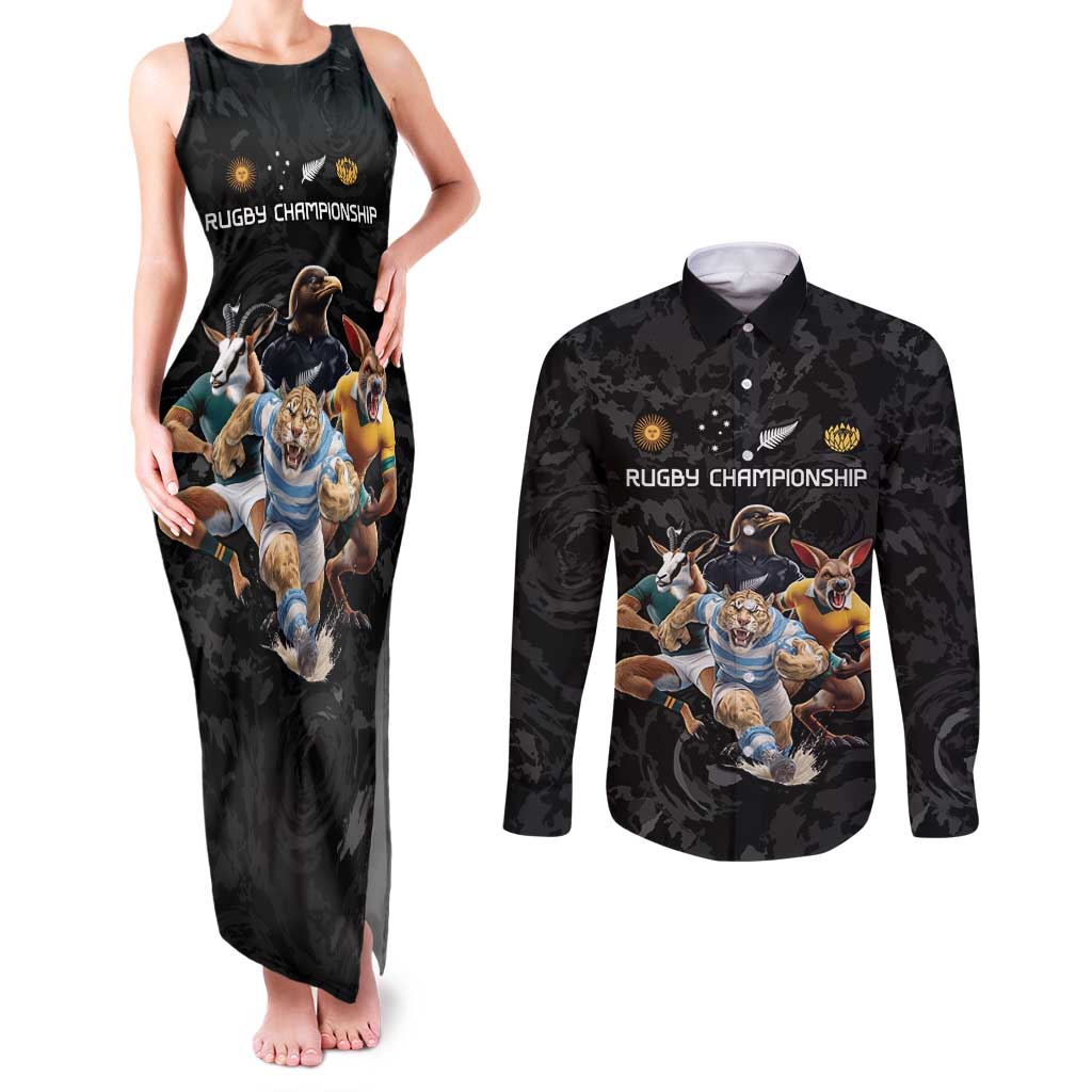 Custom Rugby Southern Hemisphere Couples Matching Tank Maxi Dress and Long Sleeve Button Shirt Argentina AUNZ South Africa Mascot Black LT9 Black - Polynesian Pride