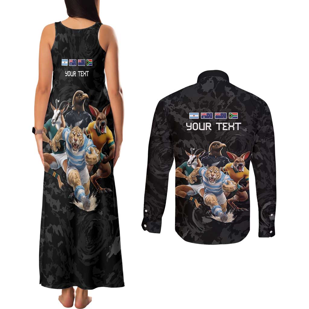 Custom Rugby Southern Hemisphere Couples Matching Tank Maxi Dress and Long Sleeve Button Shirt Argentina AUNZ South Africa Mascot Black LT9 - Polynesian Pride