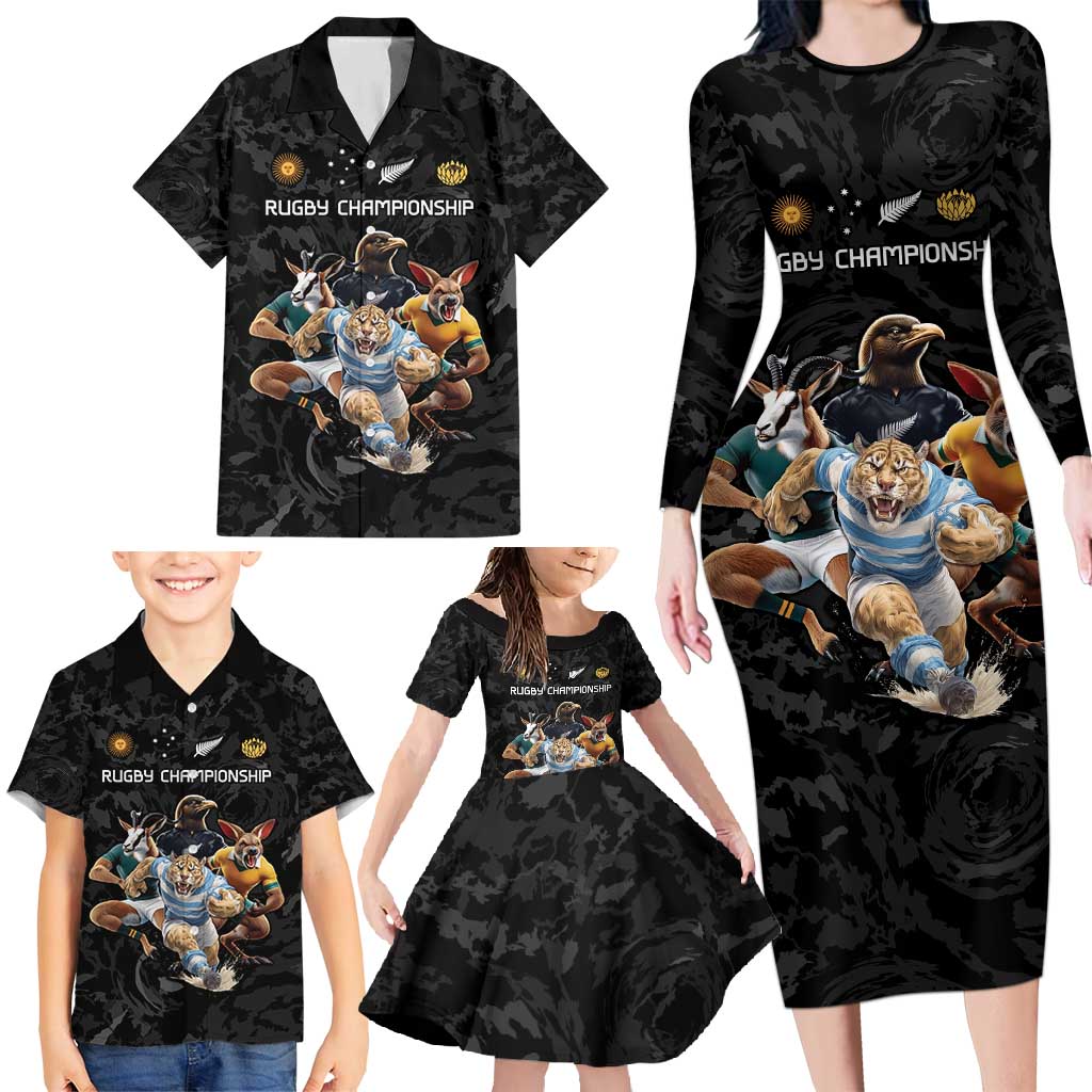 Custom Rugby Southern Hemisphere Family Matching Long Sleeve Bodycon Dress and Hawaiian Shirt Argentina AUNZ South Africa Mascot Black - Polynesian Pride