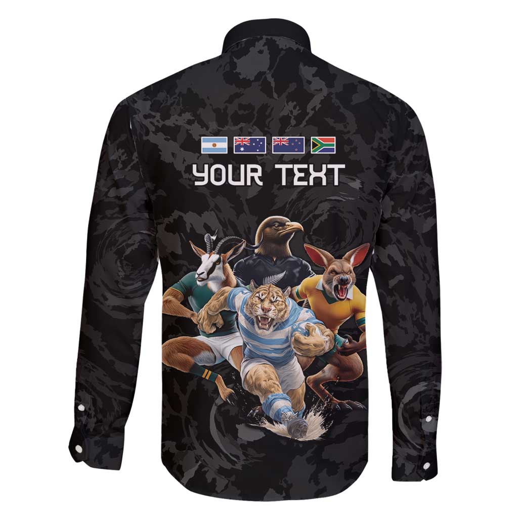 Custom Rugby Southern Hemisphere Family Matching Long Sleeve Bodycon Dress and Hawaiian Shirt Argentina AUNZ South Africa Mascot Black - Polynesian Pride