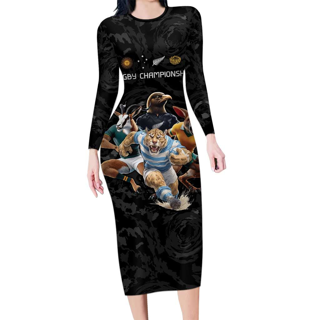 Custom Rugby Southern Hemisphere Family Matching Long Sleeve Bodycon Dress and Hawaiian Shirt Argentina AUNZ South Africa Mascot Black - Polynesian Pride