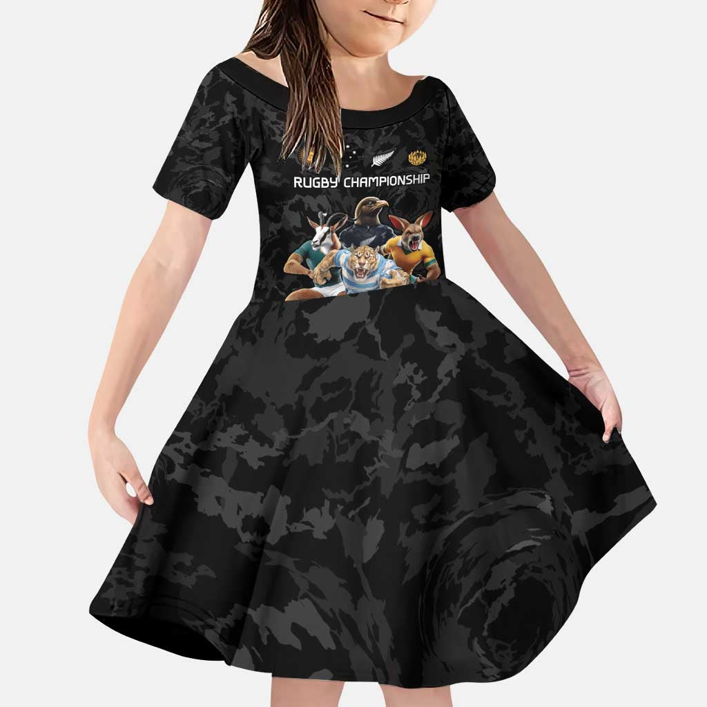 Custom Rugby Southern Hemisphere Family Matching Puletasi and Hawaiian Shirt Argentina AUNZ South Africa Mascot Black LT9 Daughter's Dress Black - Polynesian Pride