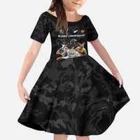 Custom Rugby Southern Hemisphere Family Matching Puletasi and Hawaiian Shirt Argentina AUNZ South Africa Mascot Black LT9 Daughter's Dress Black - Polynesian Pride