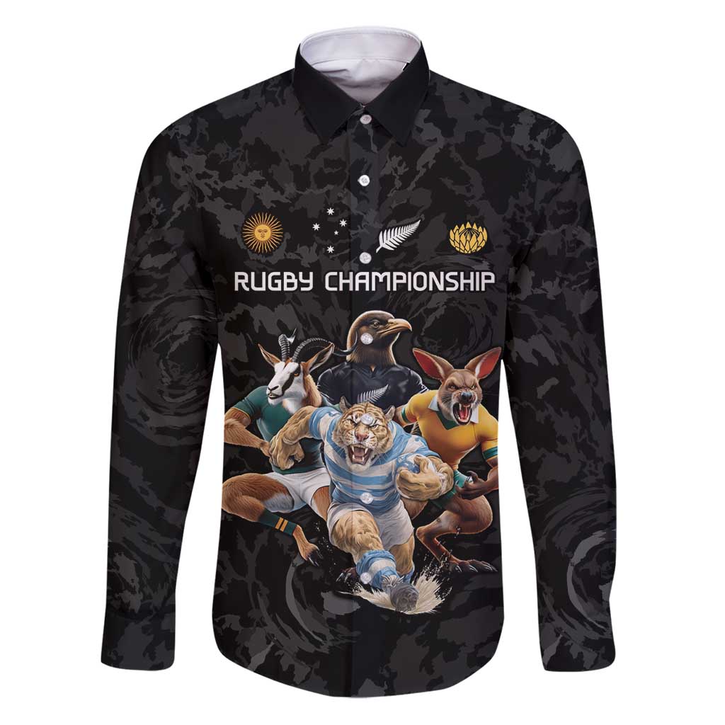 Custom Rugby Southern Hemisphere Family Matching Puletasi and Hawaiian Shirt Argentina AUNZ South Africa Mascot Black LT9 Dad's Shirt - Long Sleeve Black - Polynesian Pride
