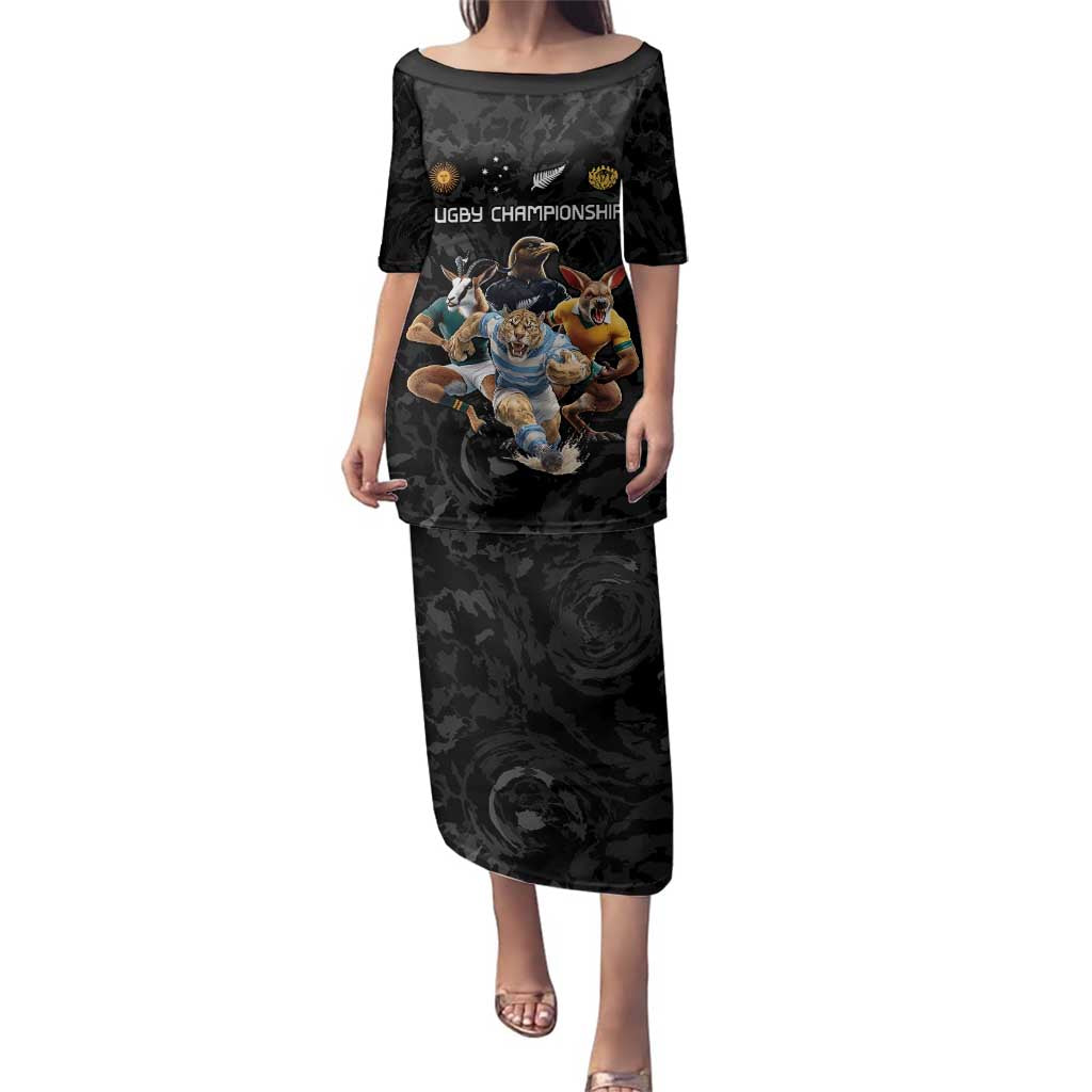 Custom Rugby Southern Hemisphere Family Matching Puletasi and Hawaiian Shirt Argentina AUNZ South Africa Mascot Black LT9 Mom's Dress Black - Polynesian Pride