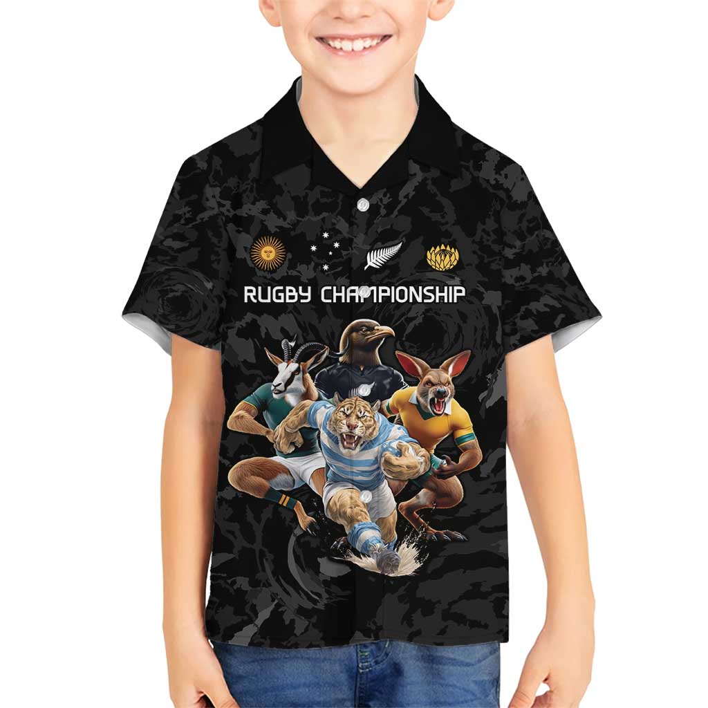Custom Rugby Southern Hemisphere Family Matching Puletasi and Hawaiian Shirt Argentina AUNZ South Africa Mascot Black LT9 Son's Shirt Black - Polynesian Pride