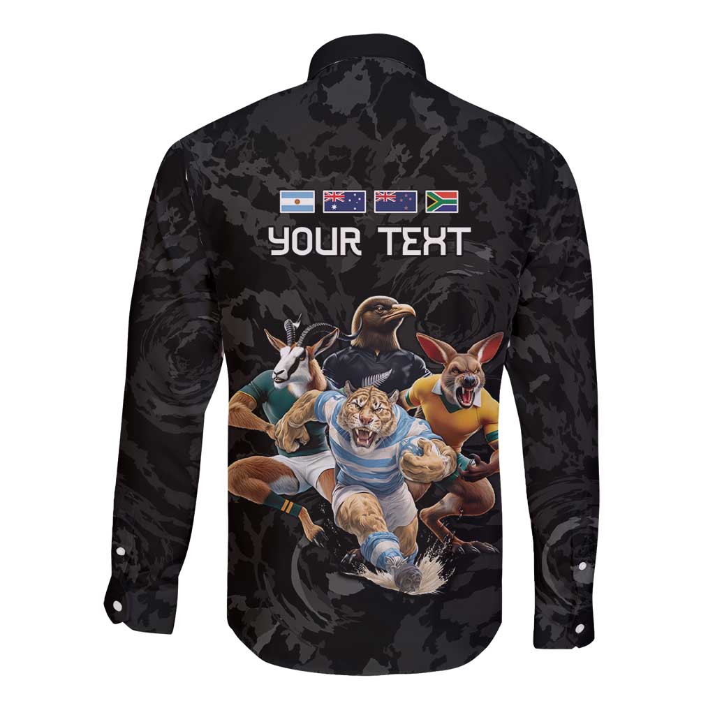 Custom Rugby Southern Hemisphere Long Sleeve Button Shirt Argentina AUNZ South Africa Mascot Black - Polynesian Pride